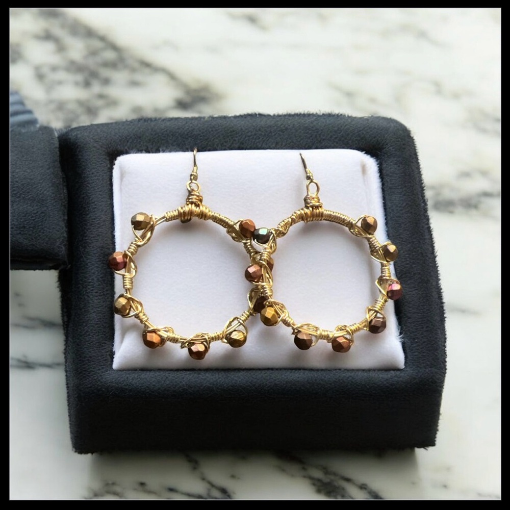 Elegant Gold and Brown Beaded Hoop Earrings